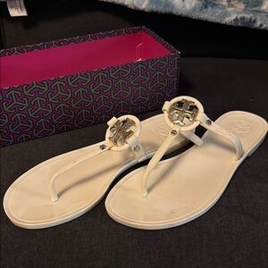 Tory Burch White Sandals with Metallic Medallions
